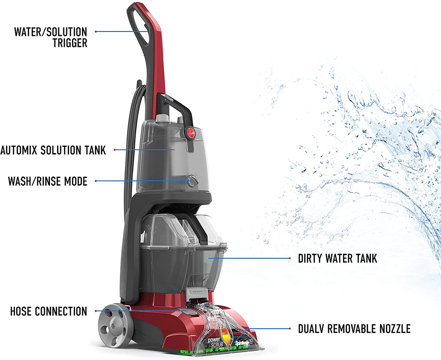 Hoover Power Scrub Deluxe Carpet Cleaner Machine, Upright Shampooer, FH50150, Red