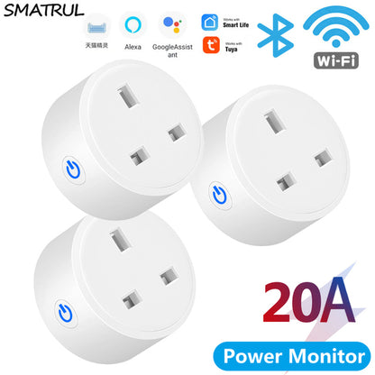 20A Tuya Smart Wifi Plug UK Wireless Control Socket Outlet with Energy Monitering Timer Function Works with Alexa Google Home