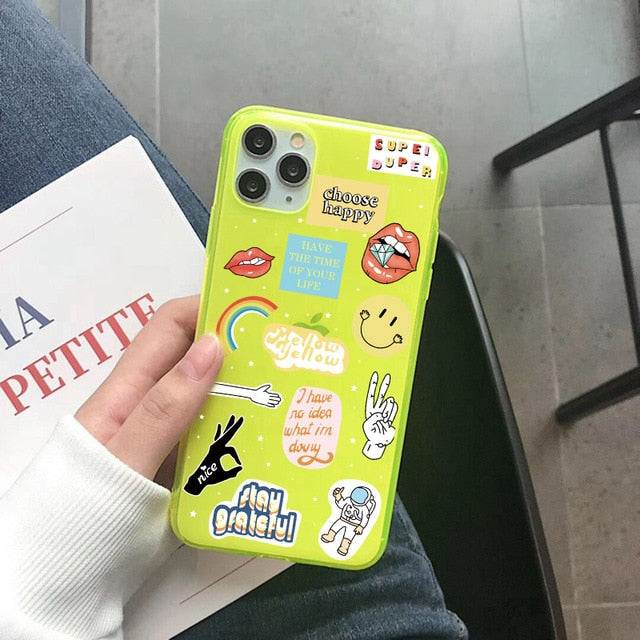 Cute Cartoon Label Fluorescent Phone Case For iphone SE 2020 7 8 plus X XR XS Max 11 Pro Max Cover Funny Cartoon Soft Back Cases