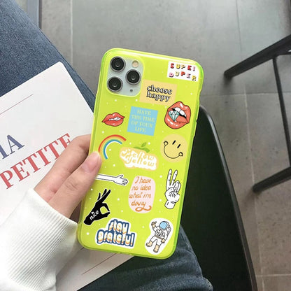 Cute Cartoon Label Fluorescent Phone Case For iphone SE 2020 7 8 plus X XR XS Max 11 Pro Max Cover Funny Cartoon Soft Back Cases