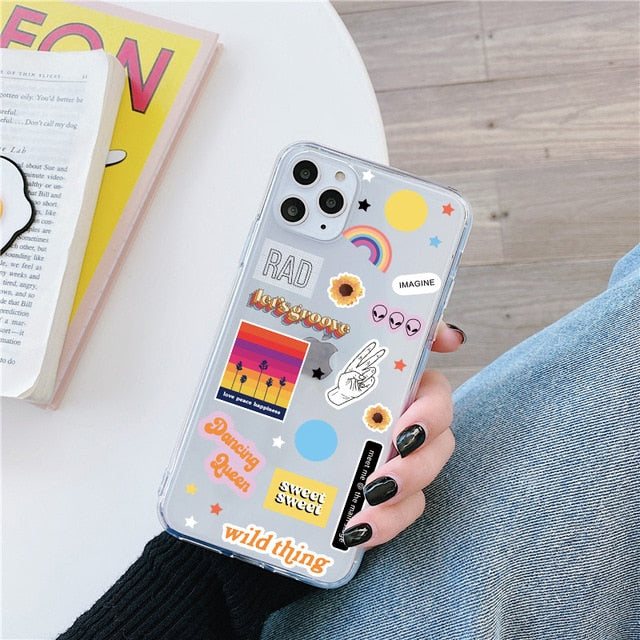 Cute Cartoon Label Fluorescent Phone Case For iphone SE 2020 7 8 plus X XR XS Max 11 Pro Max Cover Funny Cartoon Soft Back Cases