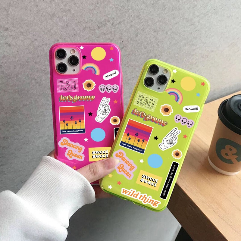 Cute Cartoon Label Fluorescent Phone Case For iphone SE 2020 7 8 plus X XR XS Max 11 Pro Max Cover Funny Cartoon Soft Back Cases