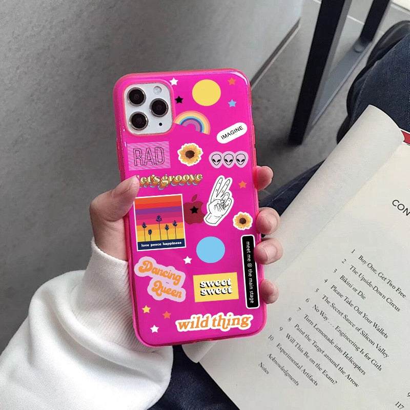 Cute Cartoon Label Fluorescent Phone Case For iphone SE 2020 7 8 plus X XR XS Max 11 Pro Max Cover Funny Cartoon Soft Back Cases