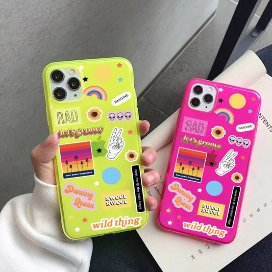 Cute Cartoon Label Fluorescent Phone Case For iphone SE 2020 7 8 plus X XR XS Max 11 Pro Max Cover Funny Cartoon Soft Back Cases