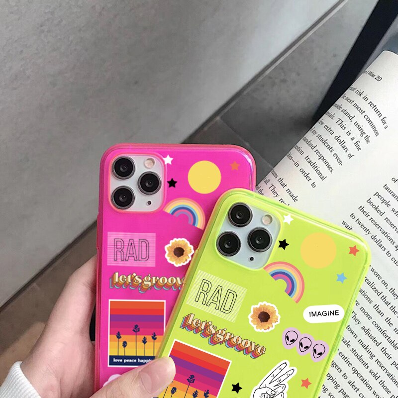 Cute Cartoon Label Fluorescent Phone Case For iphone SE 2020 7 8 plus X XR XS Max 11 Pro Max Cover Funny Cartoon Soft Back Cases