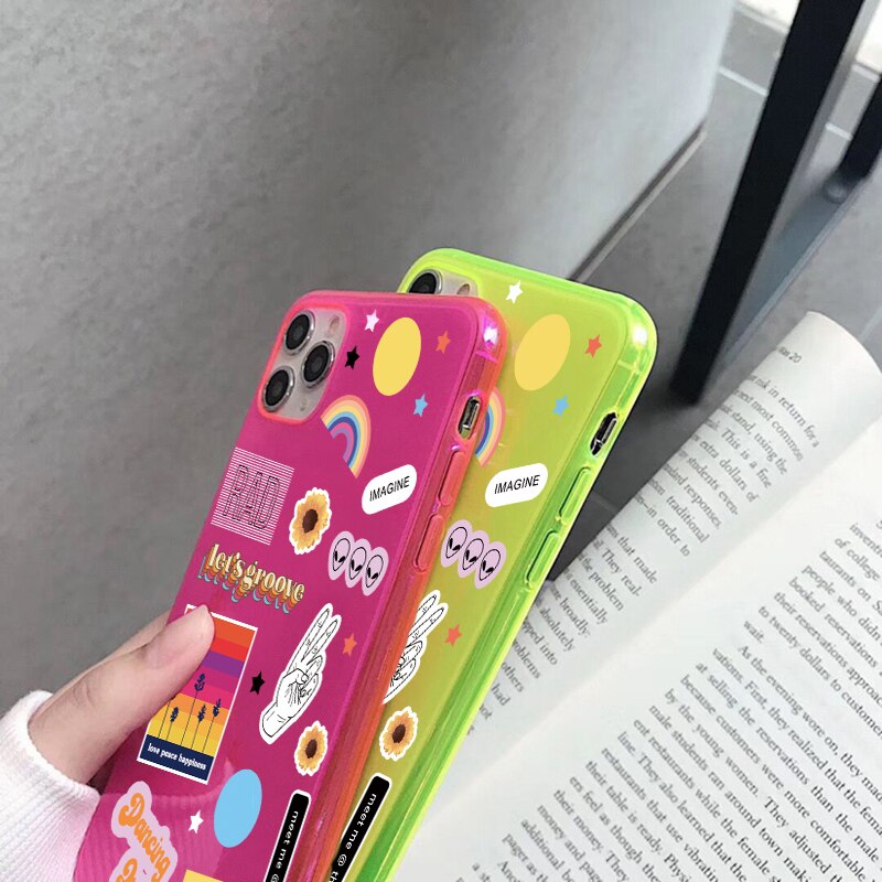 Cute Cartoon Label Fluorescent Phone Case For iphone SE 2020 7 8 plus X XR XS Max 11 Pro Max Cover Funny Cartoon Soft Back Cases