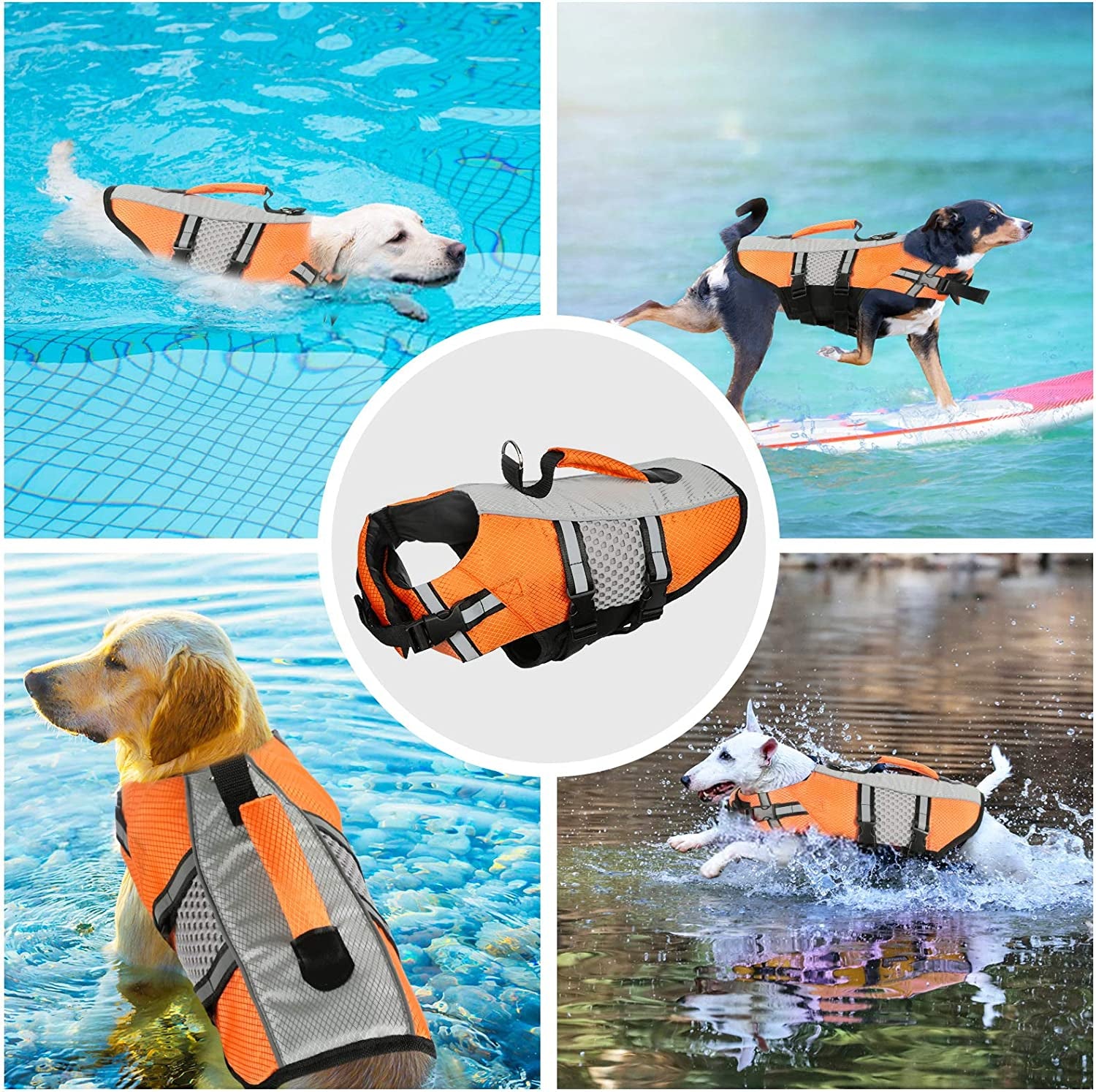 Dog Life Jacket Swimming Vest, Adjustable Dog Flotation Vest High Reflective Pet Life Preserver with Rescue Handle for Small Medium Large Dogs (Medium, Orange)