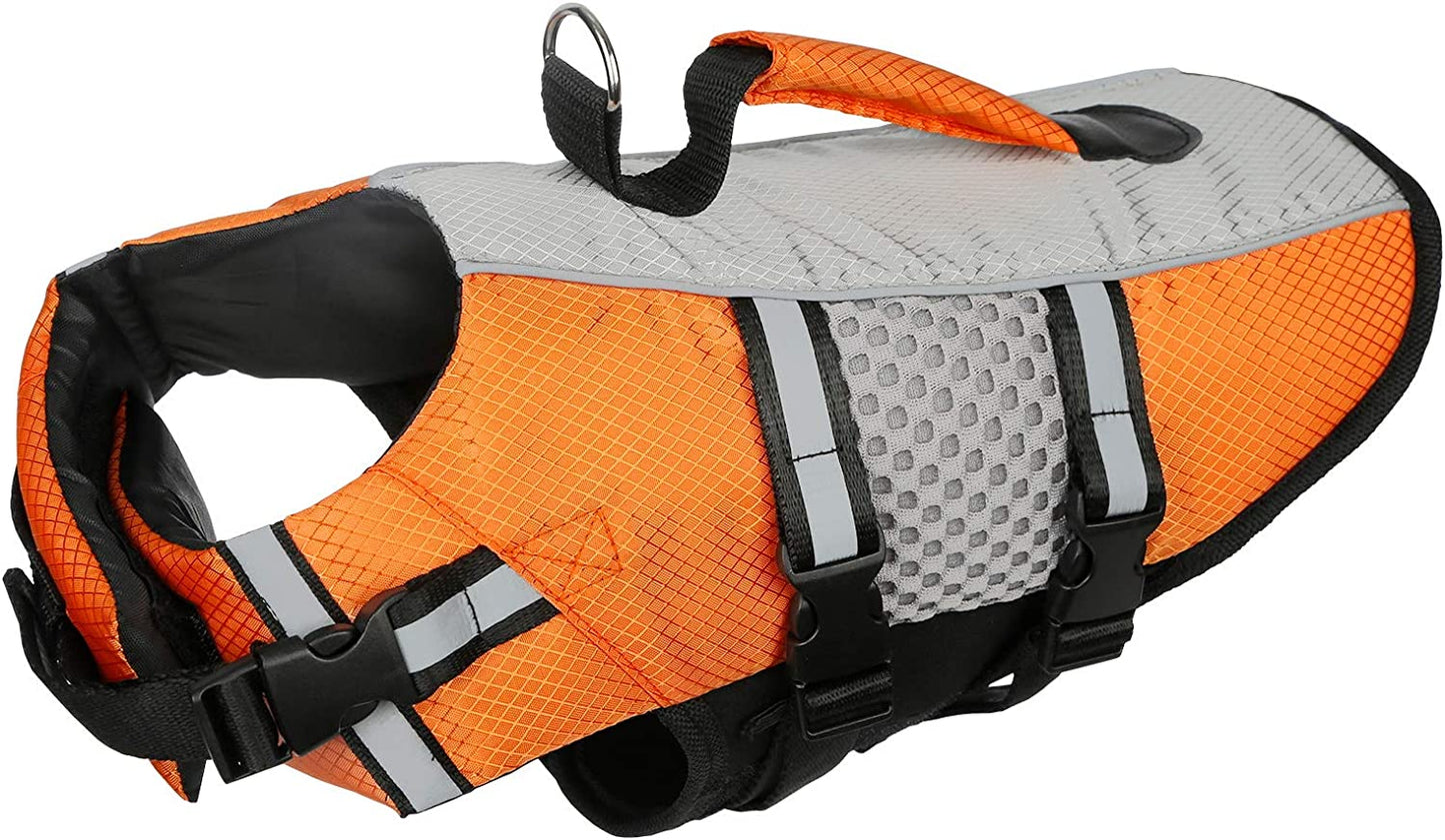 Dog Life Jacket Swimming Vest, Adjustable Dog Flotation Vest High Reflective Pet Life Preserver with Rescue Handle for Small Medium Large Dogs (Medium, Orange)