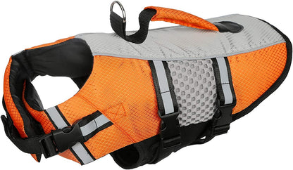 Dog Life Jacket Swimming Vest, Adjustable Dog Flotation Vest High Reflective Pet Life Preserver with Rescue Handle for Small Medium Large Dogs (Medium, Orange)