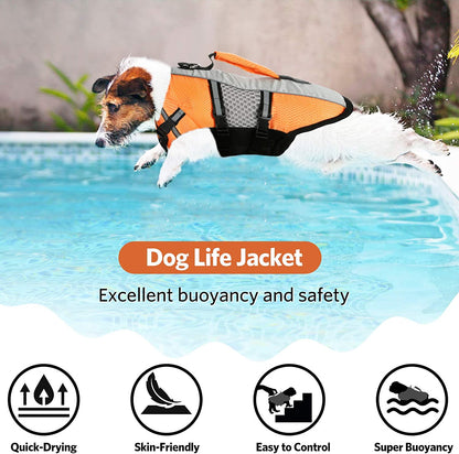 Dog Life Jacket Swimming Vest, Adjustable Dog Flotation Vest High Reflective Pet Life Preserver with Rescue Handle for Small Medium Large Dogs (Medium, Orange)