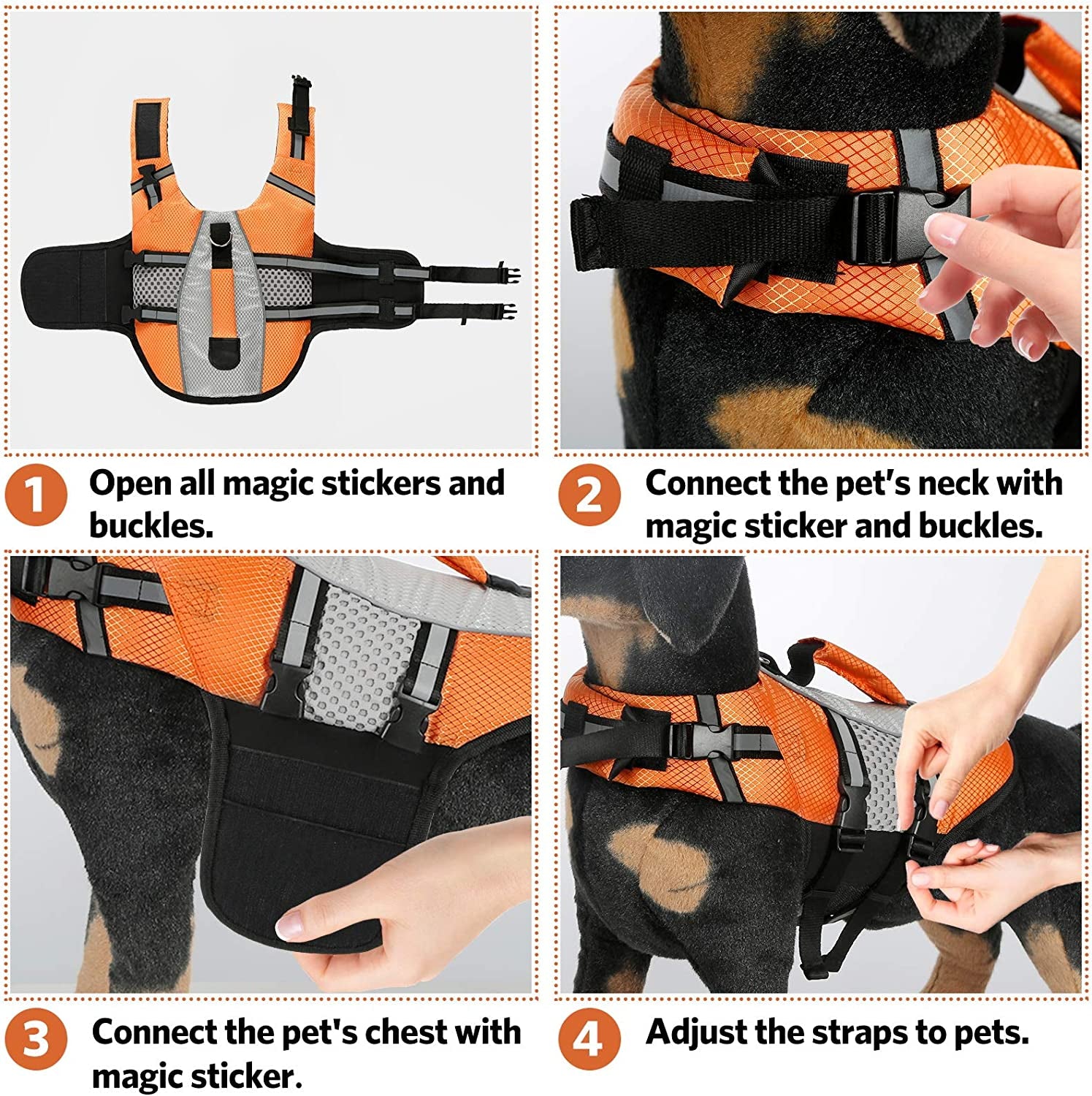 Dog Life Jacket Swimming Vest, Adjustable Dog Flotation Vest High Reflective Pet Life Preserver with Rescue Handle for Small Medium Large Dogs (Medium, Orange)