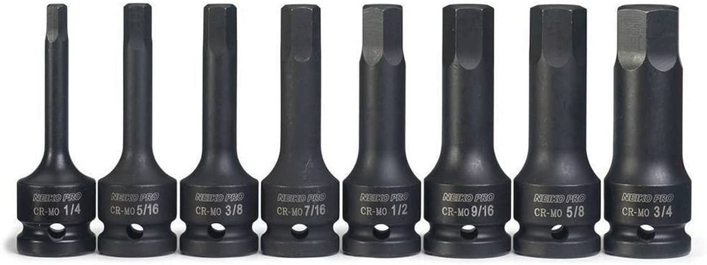 NEIKO 01137B 1/2-Inch-Drive Allen Socket Set, 3-Inch Length, 1/2-Inch Impact Hex-Bit Socket Set, SAE Hex Driver 1/4" to 3/4", Crmo Steel, Impact-Grade, 8-Piece Set