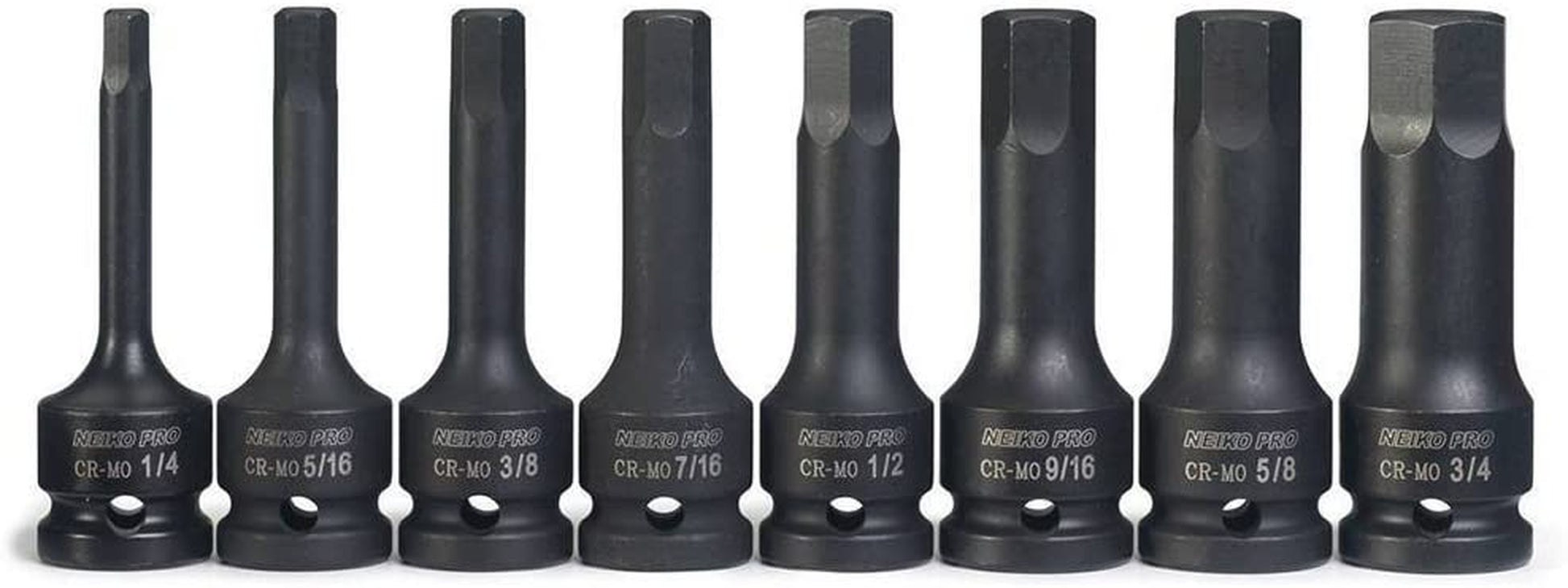 NEIKO 01137B 1/2-Inch-Drive Allen Socket Set, 3-Inch Length, 1/2-Inch Impact Hex-Bit Socket Set, SAE Hex Driver 1/4" to 3/4", Crmo Steel, Impact-Grade, 8-Piece Set