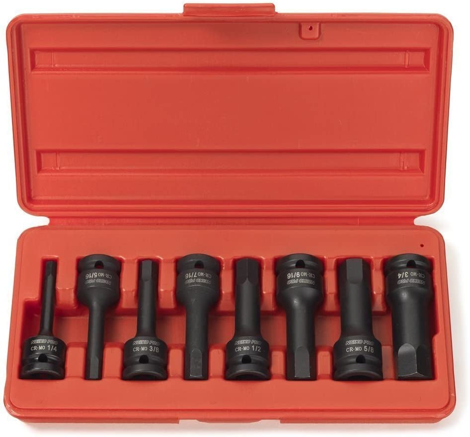NEIKO 01137B 1/2-Inch-Drive Allen Socket Set, 3-Inch Length, 1/2-Inch Impact Hex-Bit Socket Set, SAE Hex Driver 1/4" to 3/4", Crmo Steel, Impact-Grade, 8-Piece Set