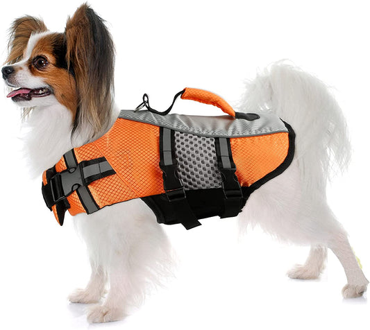 Dog Life Jacket Swimming Vest, Adjustable Dog Flotation Vest High Reflective Pet Life Preserver with Rescue Handle for Small Medium Large Dogs (Medium, Orange)