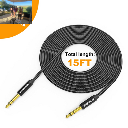 1/4 Inch TRS Instrument Cable 15Ft 2-Pack [Nylon Braided Shielded], 1/4 Inch to 1/4 Inch TRS Male to Male Plug Stereo Audio Cord, Quarter Inch 6.35Mm Balanced Interconnect Line - 15 Feet